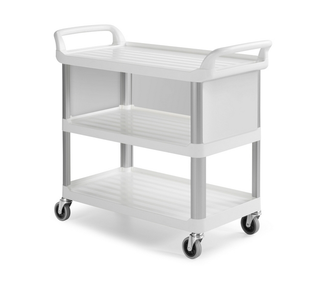 Сервисная тележка Shelf B3700 - с тремя полками, с алюминиевыми стойками и закрывающимися верхними стенками, белая