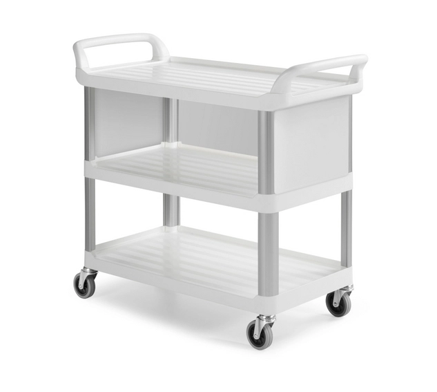 Сервисная тележка Shelf B3700 - с тремя полками, с алюминиевыми стойками и закрывающимися верхними стенками, белая