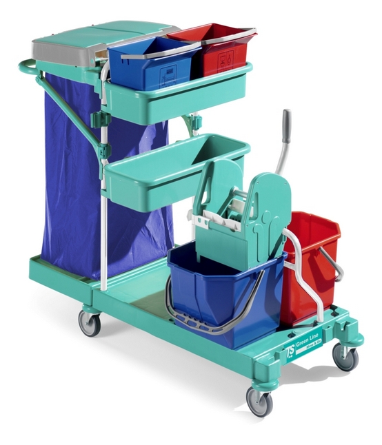 Уборочная тележка GREEN 30, 2*15л ведра, 2*6л ведра, отжим Тес, с белыми стойками и колесами D 100 мм