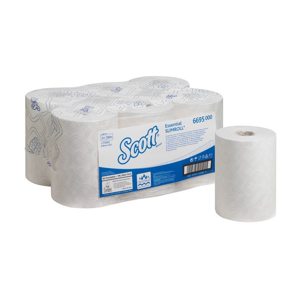 Бумажные полотенца  в рулонах Scott® Essential SlimRoll белые однослойные (6 рулонов х 190 метров)