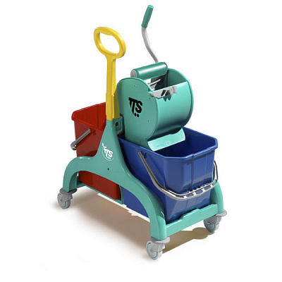 Уборочная тележка Nick 30, с боковой ручкой и отжимом Dry, зеленая база, двухведерная